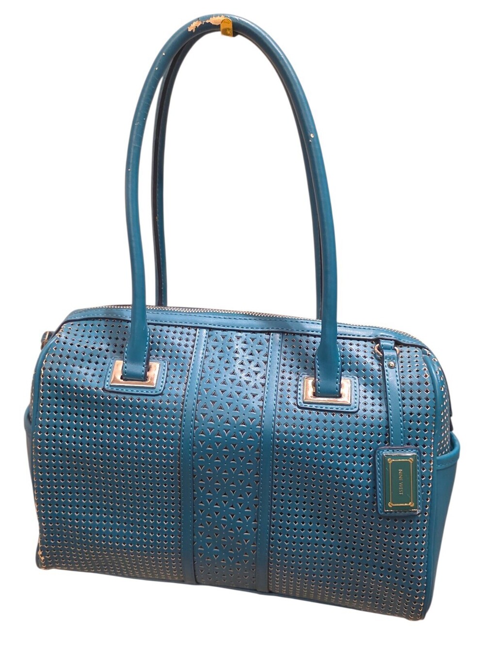 Nine West Teal Blue Perforated Satchel Shoulder Bag Purse Floral Lining